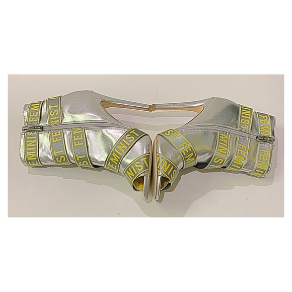 CAPE ROBBIN Booties Metallic Silver FEMINIST Text Ribbon Stiletto Booties Size 6 - Picture 11 of 15